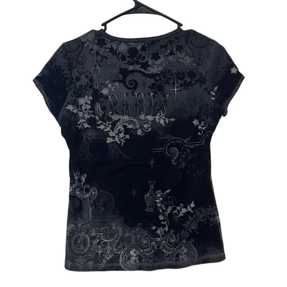 Dressbarn Y2K Women’s Paris Fitted T-Shirt Size L Black Gray Rhinestones Floral - Picture 2 of 7